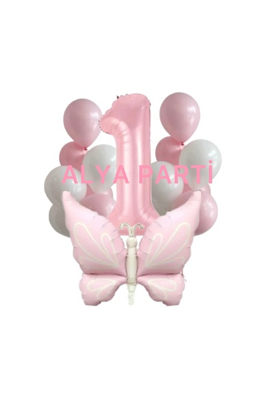 ALYA PARTİ 1 Yaş Rakam Folyo Balonlu Retro Pembe Kelebek Doğum Günü Seti