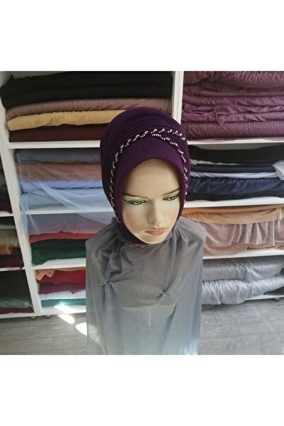 semahazırduvak patlıcan moru simsiz gri taşlı model hazır türban hazır şal ab...