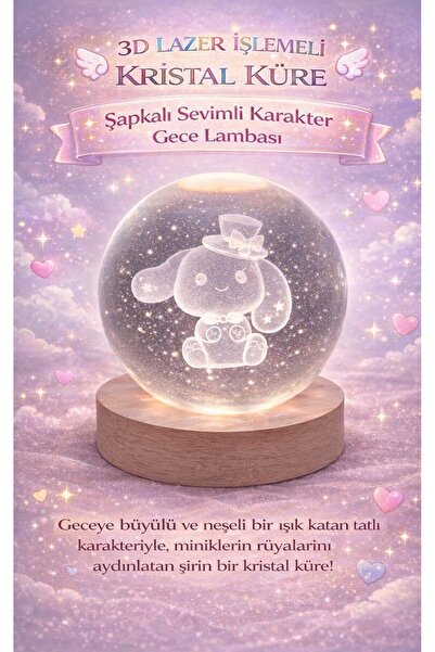 FaroxTech Kristal Küre - 3D Lazer İşlemeli - Şapkalı Sevimli Karakter Ahşap A...