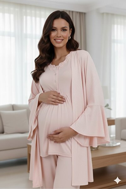 Lohusa Dünyasi Kadın Pudra Özel Tasarım Dantelli Lohusa Hamile Gecelik Seti