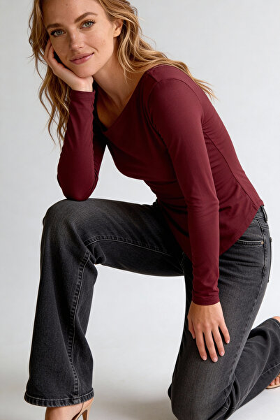 Evelora Bordo Asimetrik Kesim Slim Fit Full Likralı Kadın Body Bluz