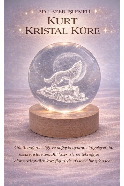 FaroxTech Kurt Figürlü 3D Lazer İşlemeli Kristal Küre Gece Lambası - Ahşap Ka...