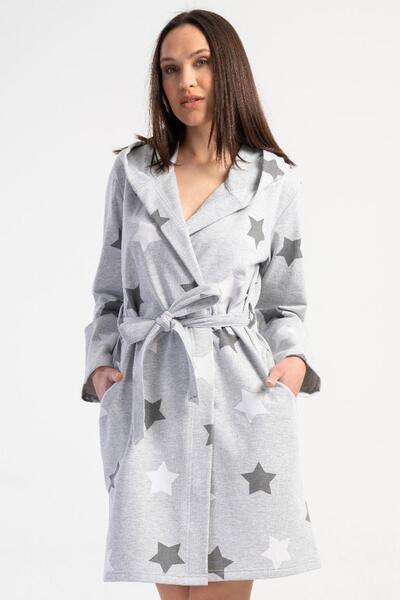 VİENETTA Women's Hooded Pocket Belted Long Sleeve Gray-Smoke Star Patterned D...