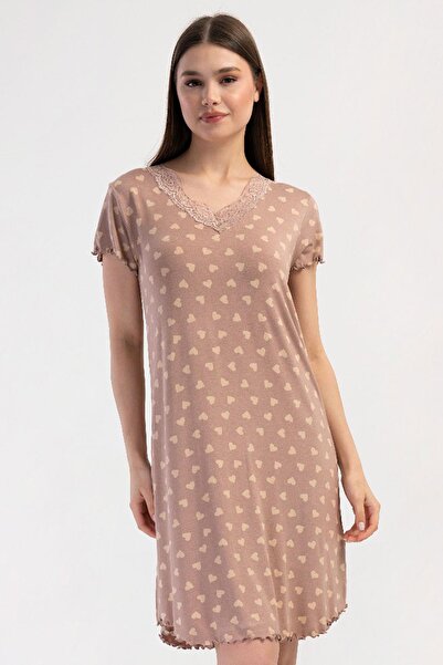 VİENETTA Women's Plus Size Lace V-Neck Short Sleeve Heart Pattern Nightgown T...