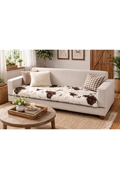 MER HOME Fur Cow Pattern Plush for 3-Seater Sofa (1 Piece) 80*190cm (Beige) O...