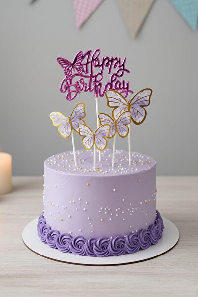 Fuşya Happy Birthday & Kelebek Pasta Süsü Seti (5 Parça)