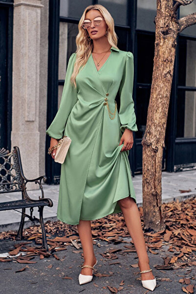 dorbe women's casual wrap v-neck solid color tie waist long-sleeve midi dress