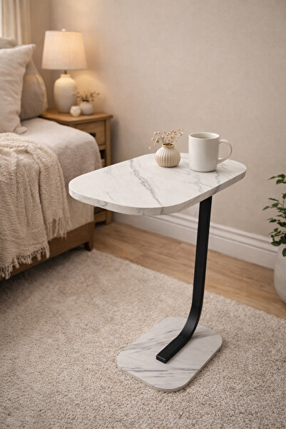 Golden Bark طاولة خدمة، جانبية، بسطح أبيض رخامي وهيكل معدني أسود