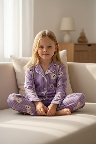 SERRASTIL Girls' Pajama Set Lilac Color Rabbit Patterned Cotton Suede Long Sl...