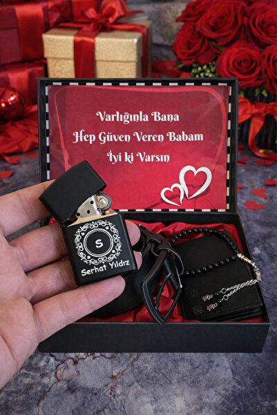 expreshediye Babaya Özel Hediye İsimli Çakmak Kemer Cüzdan Tesbih Seti