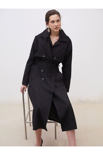LC Waikiki Soulife black jacket collar suede look women's trench coat