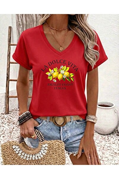 FUFLUNS تي شيرت LA DOLCE VITA مطبوع للسيدات برقبة على شكل حرف V كبير الحجم