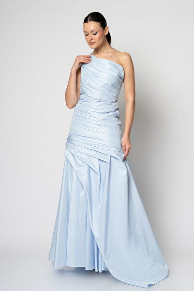 RENGIN Tek omuzdan bele kat kat pileli janjan tafta abiye elbise