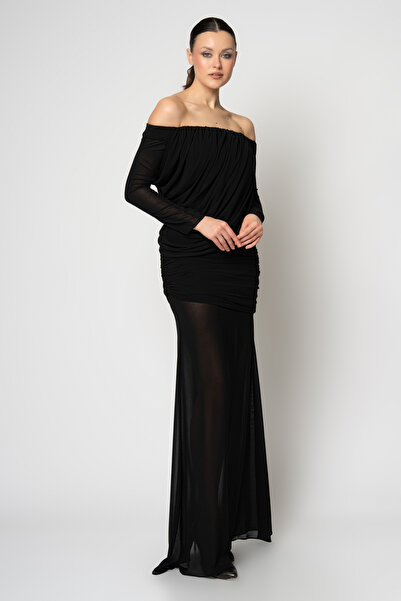 RENGIN Göğüsten bele büzgü parçalı uzun kollu şifon abiye elbise