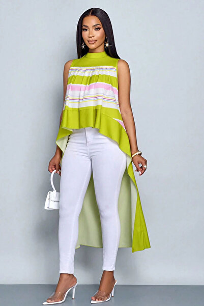 dorbe women's mock neck high-low striped flowy asymmetrical sleeveless top