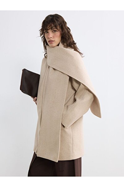 LC Waikiki Mock Neck Women's Cashmere Coat with Scarf