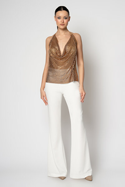 RENGIN Sırtı açık taş bluzlu krep pantolon ikili abiye takım