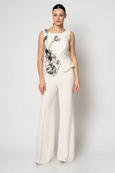 RENGIN Omuzdan bele rugan çiçekli ve taş işli krep abiye tulum