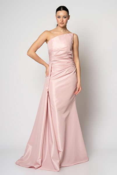 RENGIN Belden parçalı asimetrik yakalı tafta abiye elbise