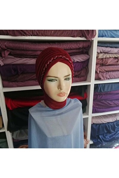 semahazırduvak bordo simli işleme detaylı model hazır türban hazır şal abiye ...