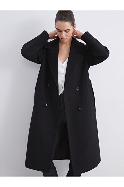 LC Waikiki Double-Breasted Collared Women's Cashmere Coat with Belt