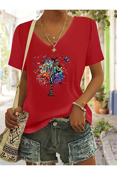 FUFLUNS تي شيرت نسائي كبير الحجم برقبة على شكل حرف V مطبوع عليه شجرة الفراشة