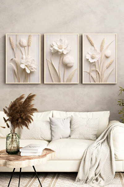 kutuTR Ahşap Çerçeveli 2D UV Baskı 3'lü Tablo set–Krem Bej Tonlarda Kabartma Çiçek Desenli Minimal- CRV1316