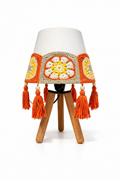 nijiartdesign 3-Legged Natural Wood Crochet Motif Tasseled Rustic Look Lampsh...