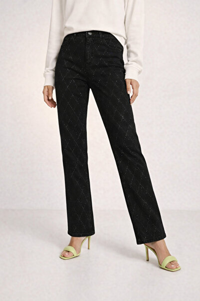 MADAMMERY Shiny Stone Patterned Palazzo Black Jean with Stretchable Comfortable Fit