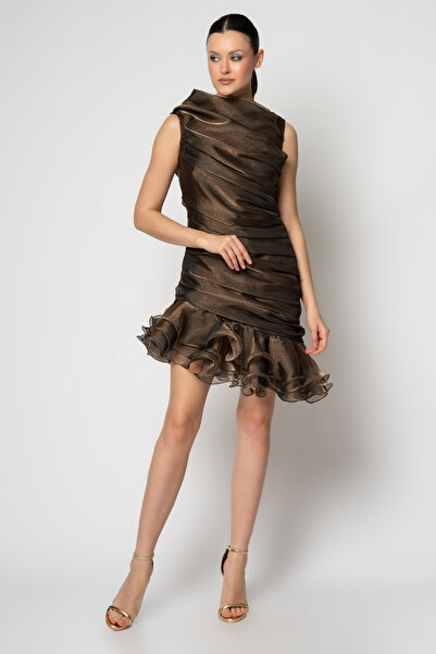 RENGIN Komple büzgülü dik yaka eteği fırfırlı organze abiye elbise