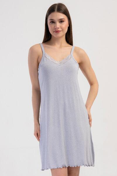 VİENETTA Kadın Büyük Beden Dantelli İnce Askılı V Yaka Gri Gecelik Tunik C4T0...