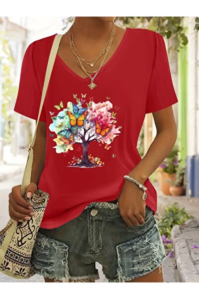 FUFLUNS Colorful Tree Printed Women's Oversize V-Neck T-Shirt