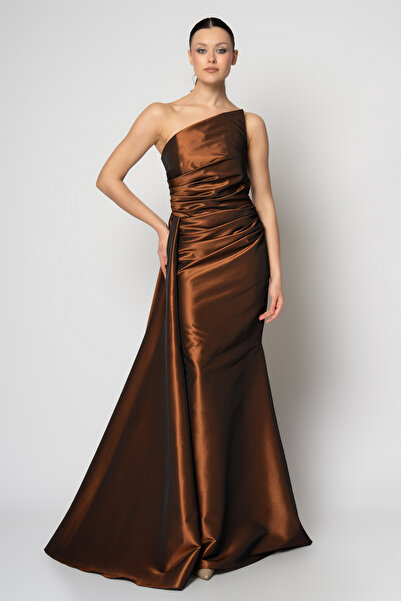 RENGIN Belden parçalı asimetrik yakalı tafta abiye elbise