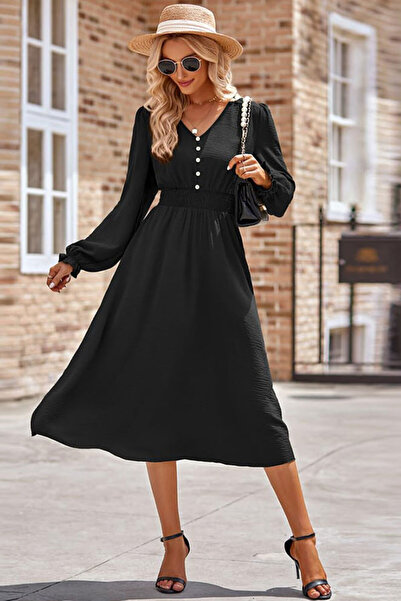 dorbe women's v neck long sleeve slim fit solid color a-line midi dress