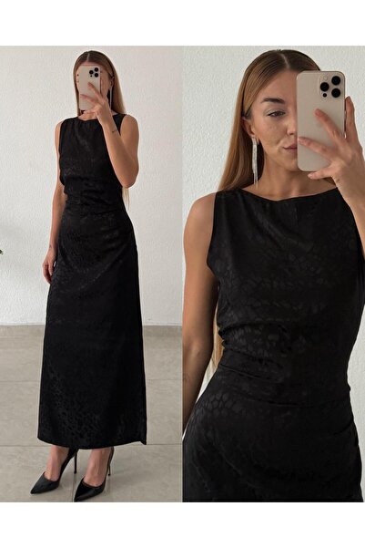 KECHİ WOMAN Jakarlı Leopar Desenli Saten Kolsuz Maxi Boy Elbise