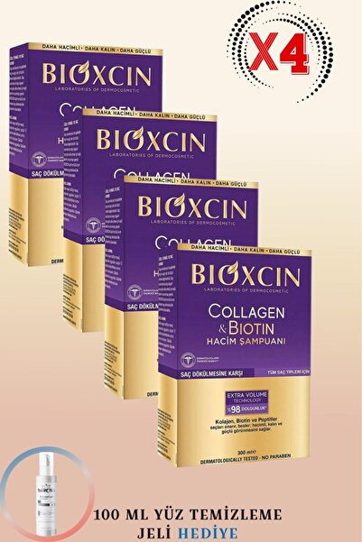 Bioxcin Collagen Biotin Hacim Şampuanı 300 ml 4 ADET + 100ml Yüz Temizleme Je...
