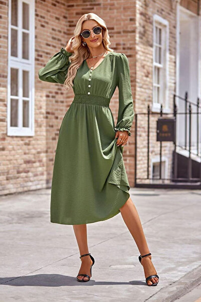 dorbe women's v neck long sleeve slim fit solid color a-line midi dress