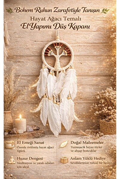 FaroxTech Hayat Ağacı Temalı El Yapımı Düş Kapanı - Beyaz Tüylü Duvar Dekoru