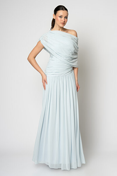 RENGIN Robası pileli eteği büzgülü tek omuz şifon abiye elbise