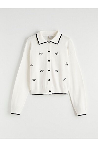 LC Waikiki Polo Collar Bow Embroidered Girls' Knitwear Cardigan