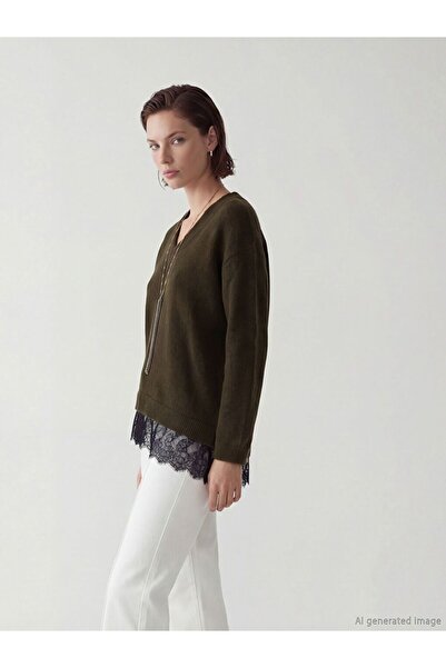 LC Waikiki V-Neck Lace Detailed Women's Knitwear Sweater