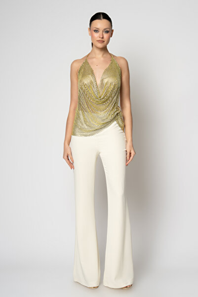 RENGIN Sırtı açık taş bluzlu krep pantolon ikili abiye takım