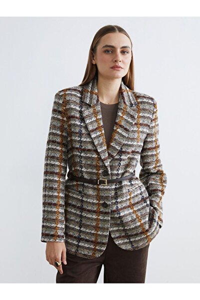 LC Waikiki Women's Tweed Blazer Jacket with Plaid Belt