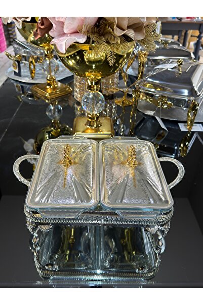 Vakıf home Metal 2 Bölmeli Isıtıcılı Ayaklı Servis Sunum Tenceresi Gümüş Gold