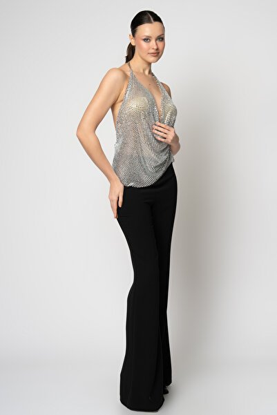 RENGIN Sırtı açık taş bluzlu krep pantolon ikili abiye takım