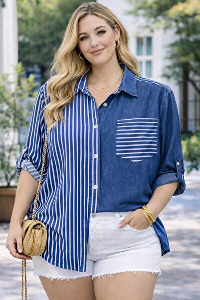 tuana CİZGİLİ KOT GARNILI BÜYÜK BEDENRAHAT KESİM GÖMLEK