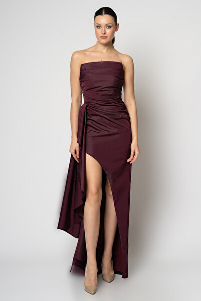 RENGIN Önü kısa belden parçalı straplez tafta abiye elbise