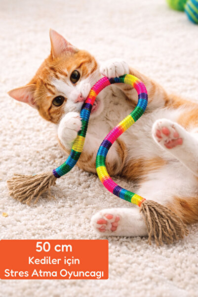Kayton 50cm Renkli Uzun Kedi Oyuncağı, Saçaklı ve Şekil Verilebilir Zilli Ked...