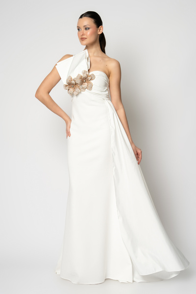 RENGIN Göğüs ortası çift çiçekli tafta parçalı krep abiye elbise