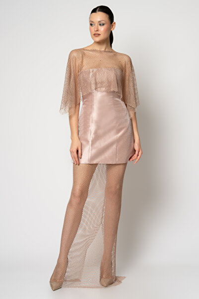 RENGIN Straplez çan etekli taşlı file bolerolu abiye elbise